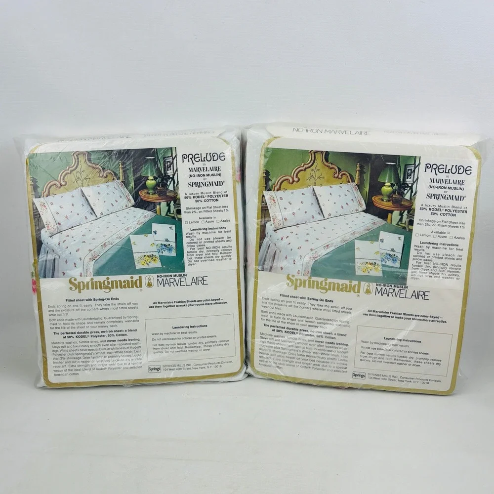 Vintage Springmaid Prelude Double Flat Fitted Sheet Set Floral Rose Pink White